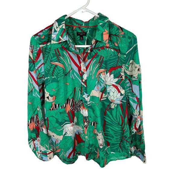 Talbots Jungle Tiger Blouse Top Button Up Womens Medium Petite MP Colorful - Picture 1 of 10
